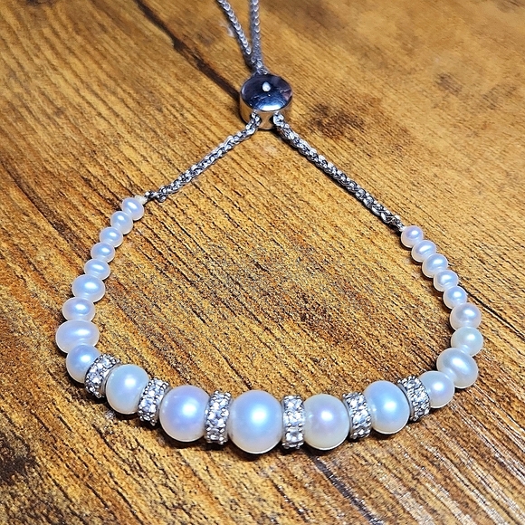 Freshwater Pearl & White Sapphire Sterling Silver Bracelet, adjustable, gorgeous - Picture 1 of 13